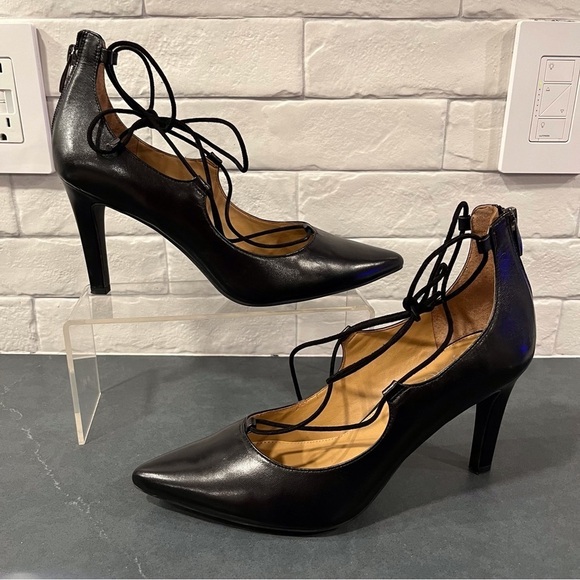 Franco Sarto sz 9.5 Arya black leather lace up pointy toe heels - Picture 2 of 16